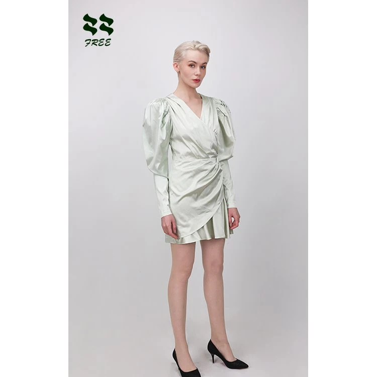 V Neck Formal Wrap Dress With Long Voluminous Sleeve